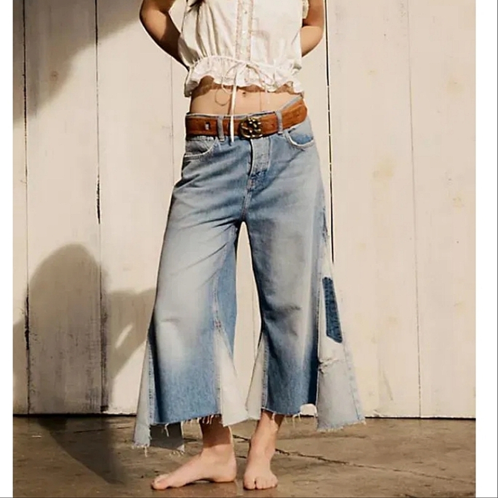 NEW Free People We The Free Ripple Wide-Leg Pieced Cropped Jeans 25